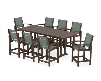 POLYWOOD® Coastal 9-Piece Farmhouse Counter Set with Trestle Legs in Mahogany / Dupioni Sea Mist Sling