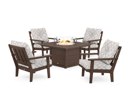 POLYWOOD® Oxford 5-Piece Deep Seating Set with Fire Pit Table in Mahogany / Trellis Dune Burlap