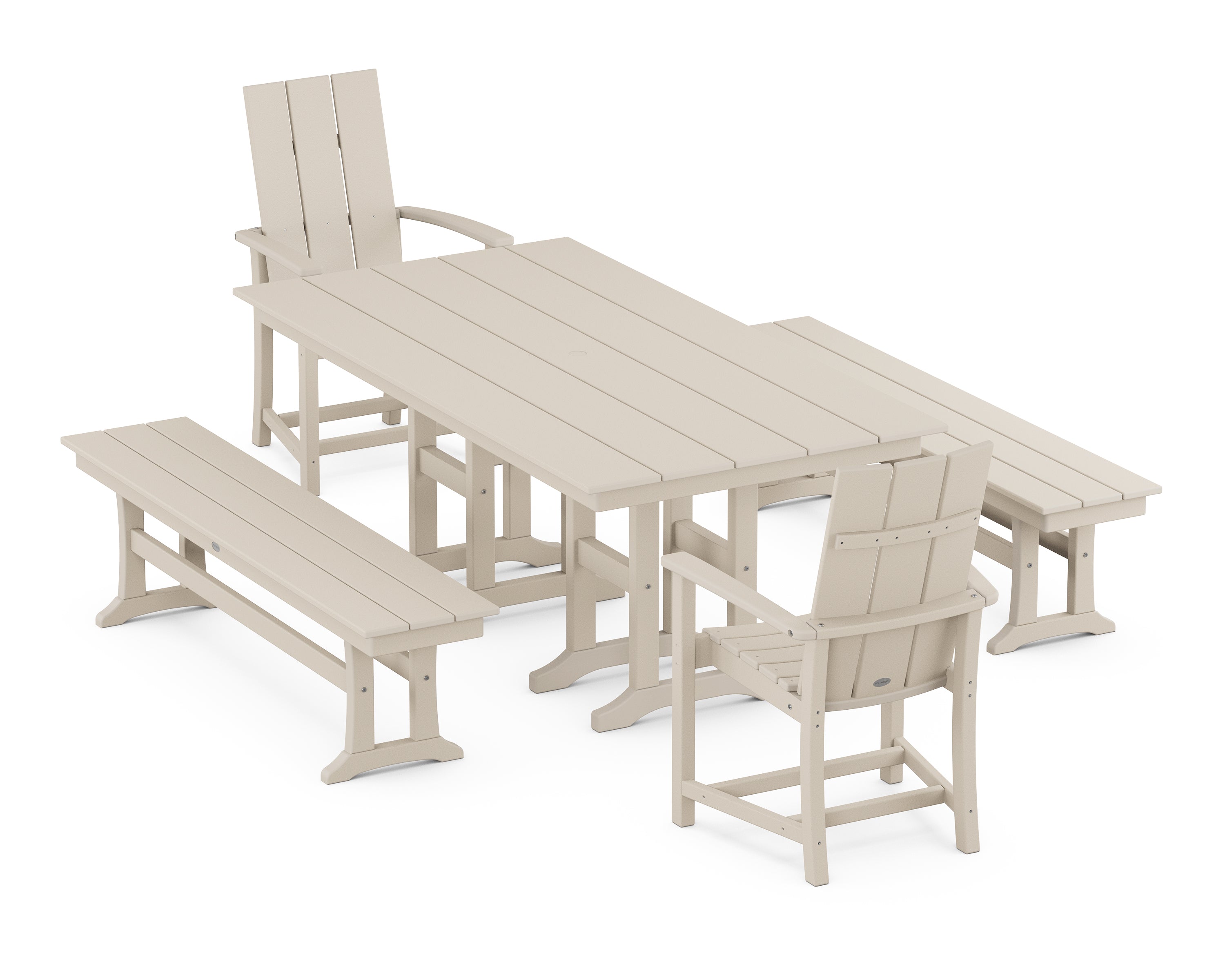 POLYWOOD® Modern Adirondack 5-Piece Farmhouse Dining Set with Benches in Sand