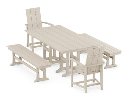 POLYWOOD® Modern Adirondack 5-Piece Farmhouse Dining Set with Benches in Sand