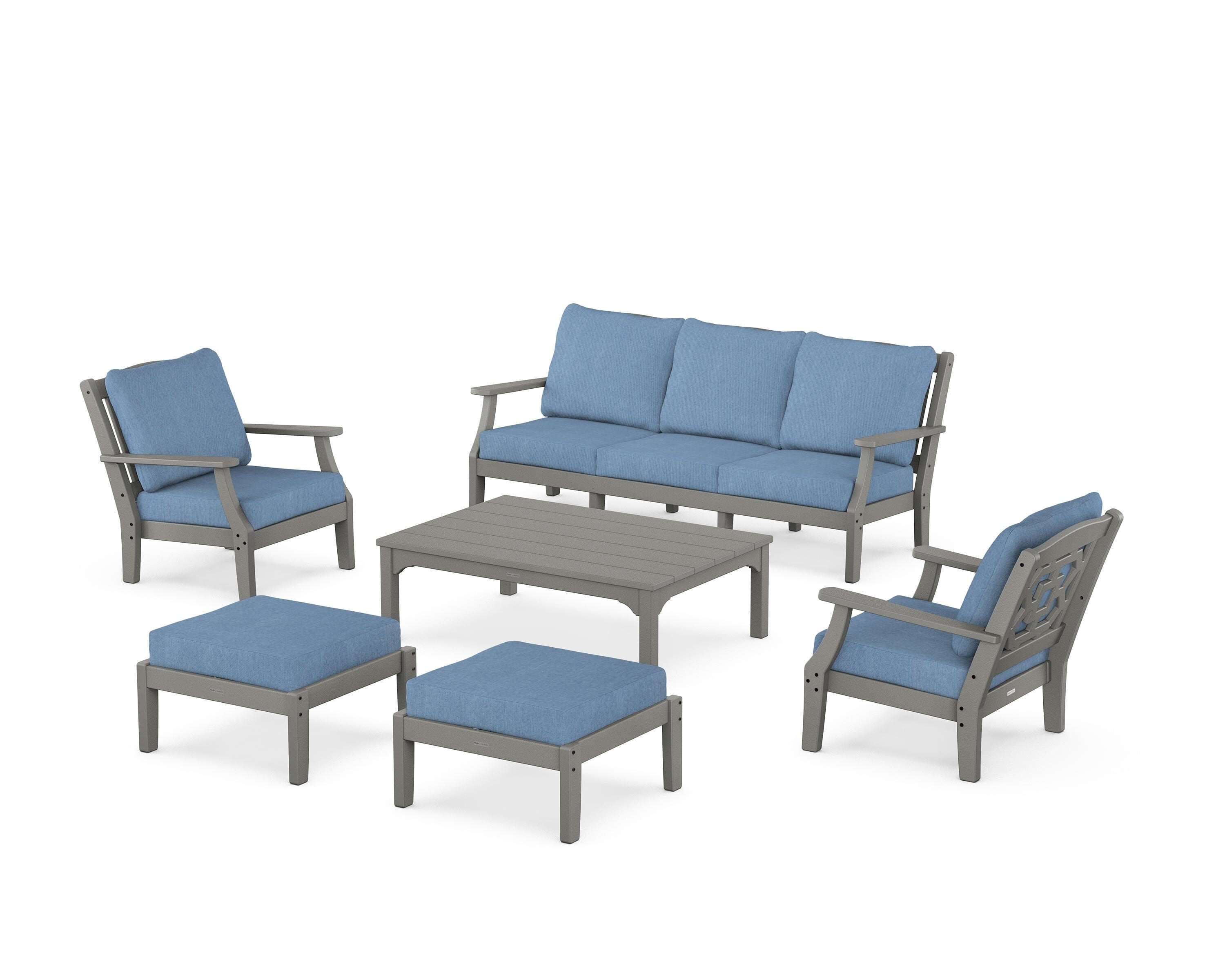 Martha Stewart by POLYWOOD® Chinoiserie 6-Piece Lounge Sofa Set in Slate Grey / Sky Blue