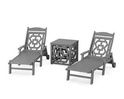 Martha Stewart by POLYWOOD® Chinoiserie 3-Piece Chaise Set with Umbrella Stand Accent Table in Slate Grey