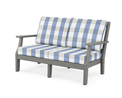 Martha Stewart by POLYWOOD® Chinoiserie Deep Seating Loveseat in Slate Grey / Buffalo Plaid Sky Blue