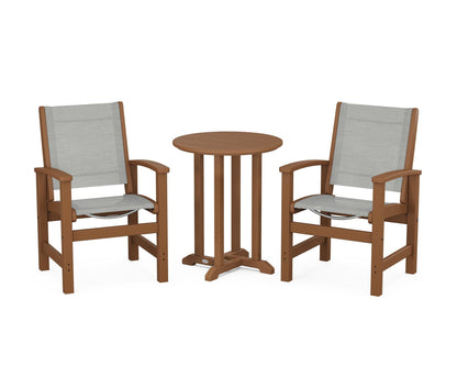 POLYWOOD® Coastal 3-Piece Round Bistro Dining Set in Teak / Metallic Sling