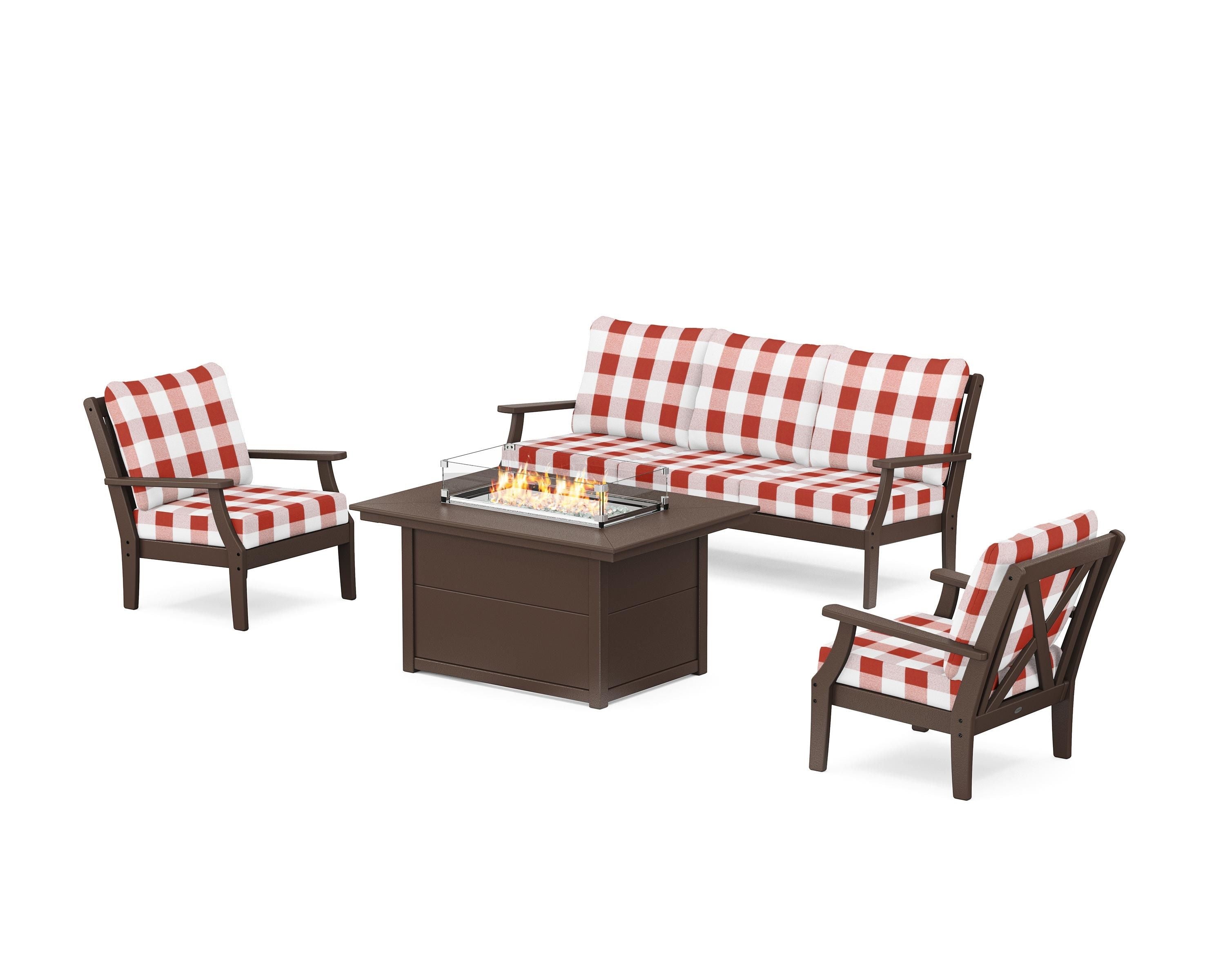 POLYWOOD® Braxton Deep Seating Fire Pit Table Set in Mahogany / Buffalo Plaid Crimson