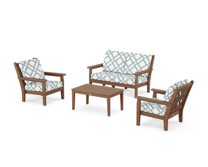 POLYWOOD® Chippendale 4-Piece Deep Seating Set with Loveseat in Teak / Trellis Glacier Spa