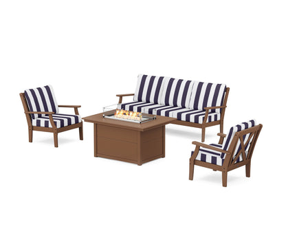 POLYWOOD® Braxton Deep Seating Fire Pit Table Set in Teak / Cabana Stripe Navy