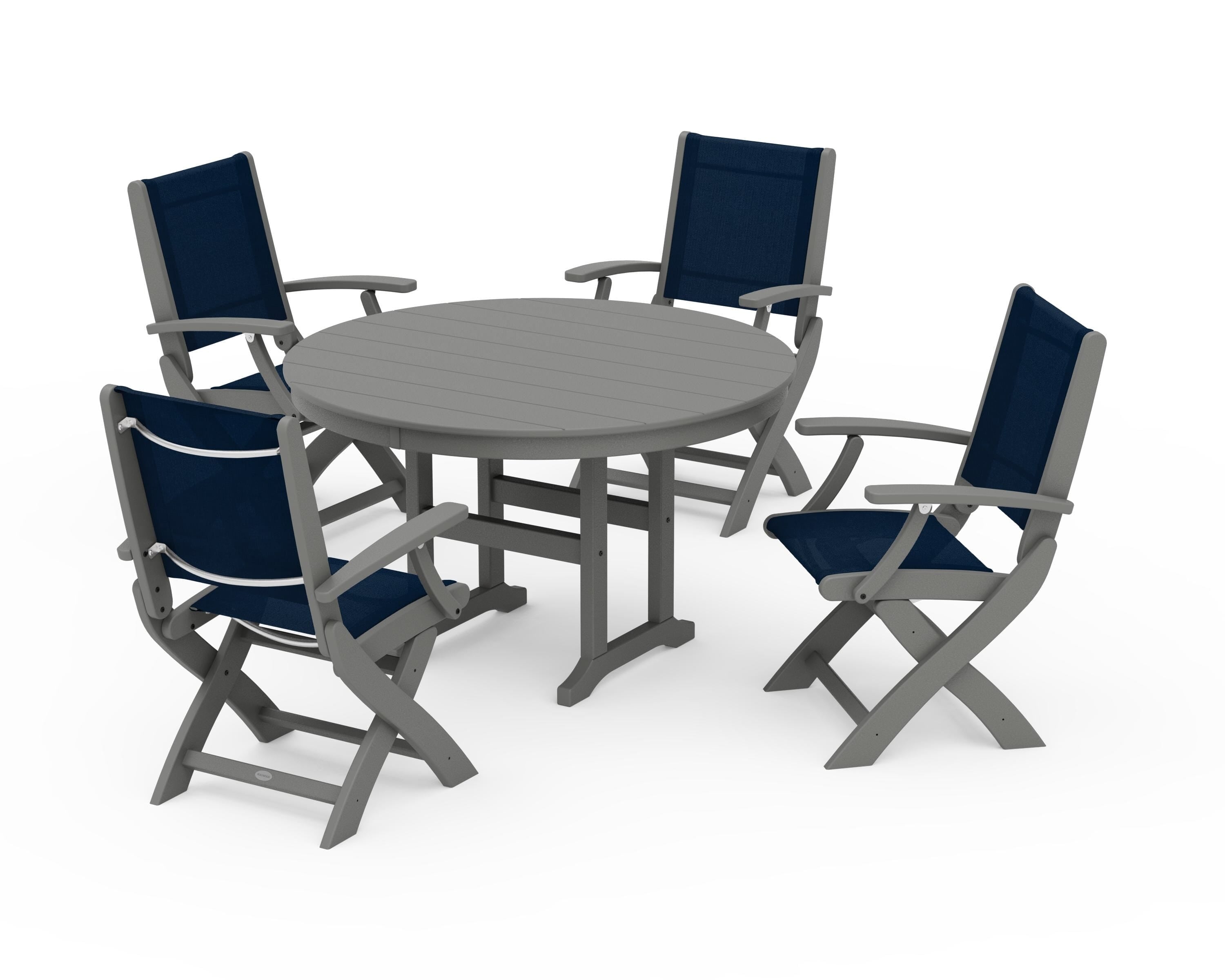 POLYWOOD® Coastal Folding Chair 5-Piece Round Dining Set in Slate Grey / Navy Blue Sling