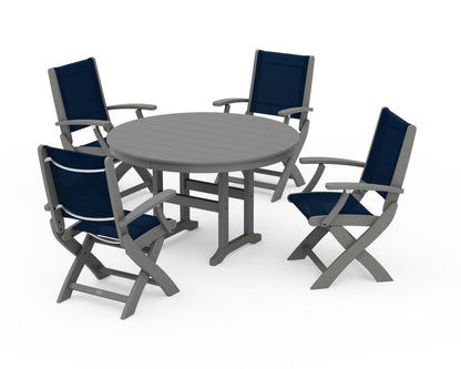 POLYWOOD® Coastal Folding Chair 5-Piece Round Dining Set in Slate Grey / Navy Blue Sling