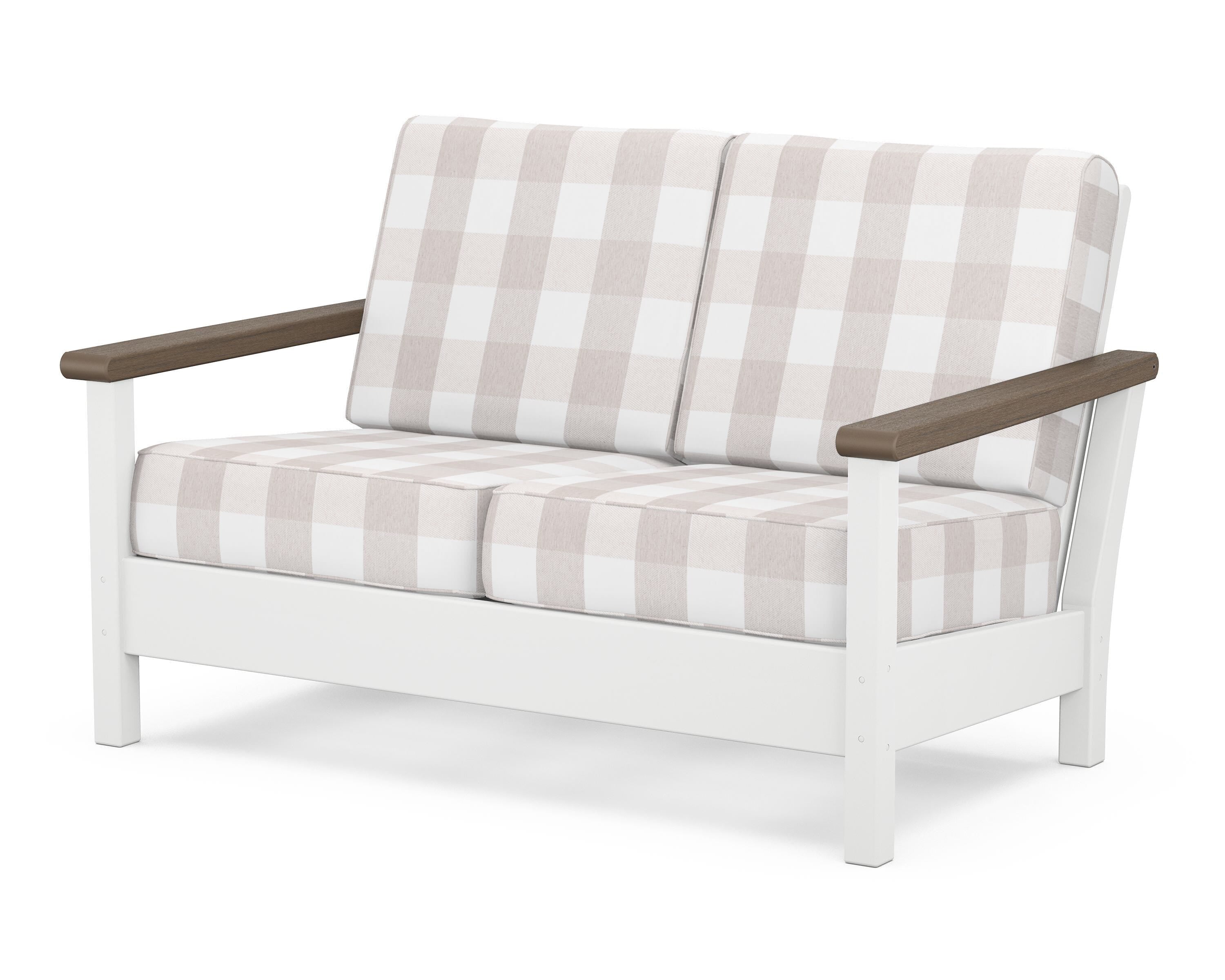 POLYWOOD® Harbour Deep Seating Loveseat in White / Kona / Buffalo Plaid Dune Burlap