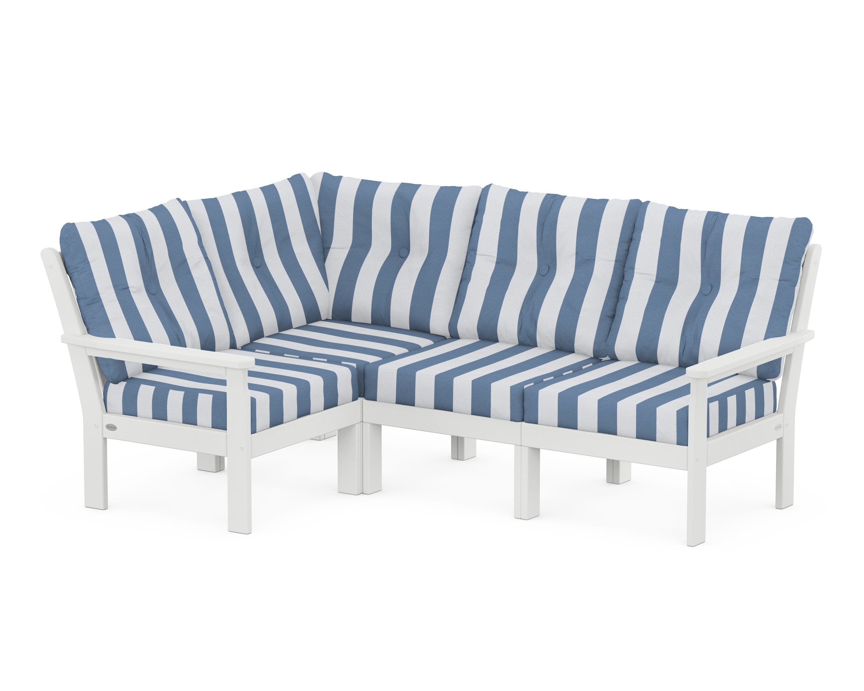 POLYWOOD® Vineyard 4-Piece Sectional in White / Cabana Stripe Sky Blue