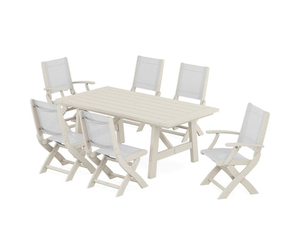 POLYWOOD® Coastal Folding Chair 7-Piece Rustic Farmhouse Dining Set in Sand / White Sling