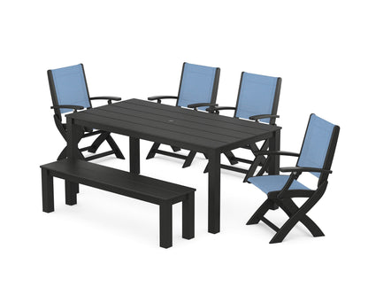 POLYWOOD® Coastal Folding Chair 6-Piece Parsons Dining Set with Bench in Black / Poolside Sling