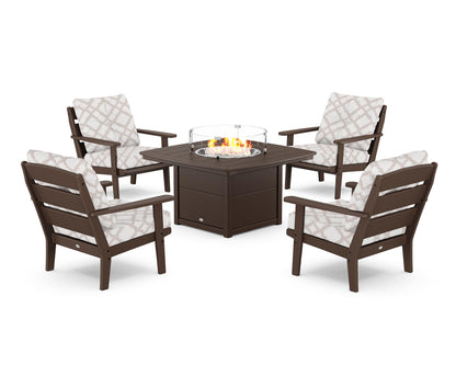 POLYWOOD® Lakeside 5-Piece Deep Seating Set with Nautical Fire Pit Table in Mahogany / Trellis Dune Burlap