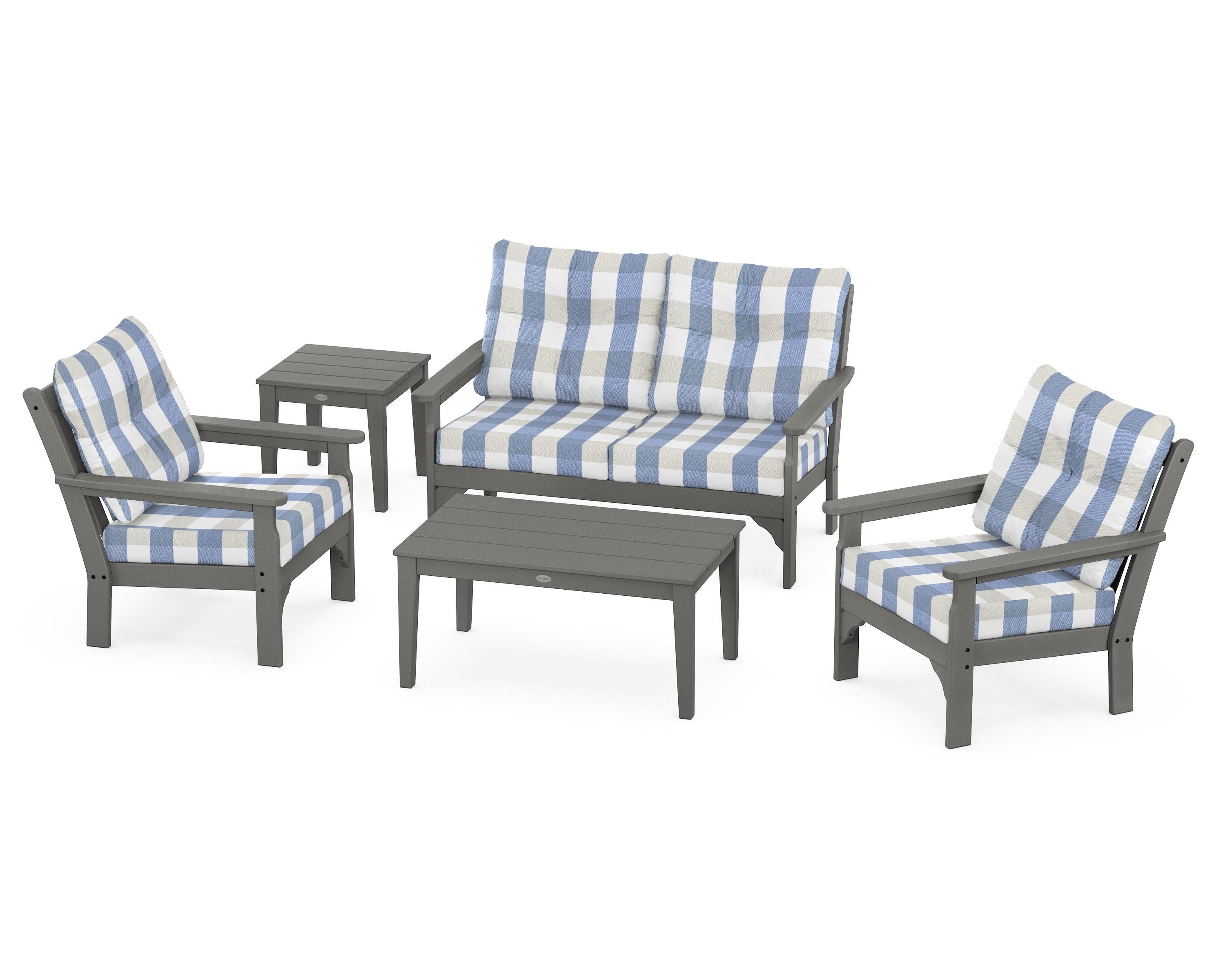 POLYWOOD® Vineyard 5-Piece Deep Seating Set in Slate Grey / Buffalo Plaid Sky Blue