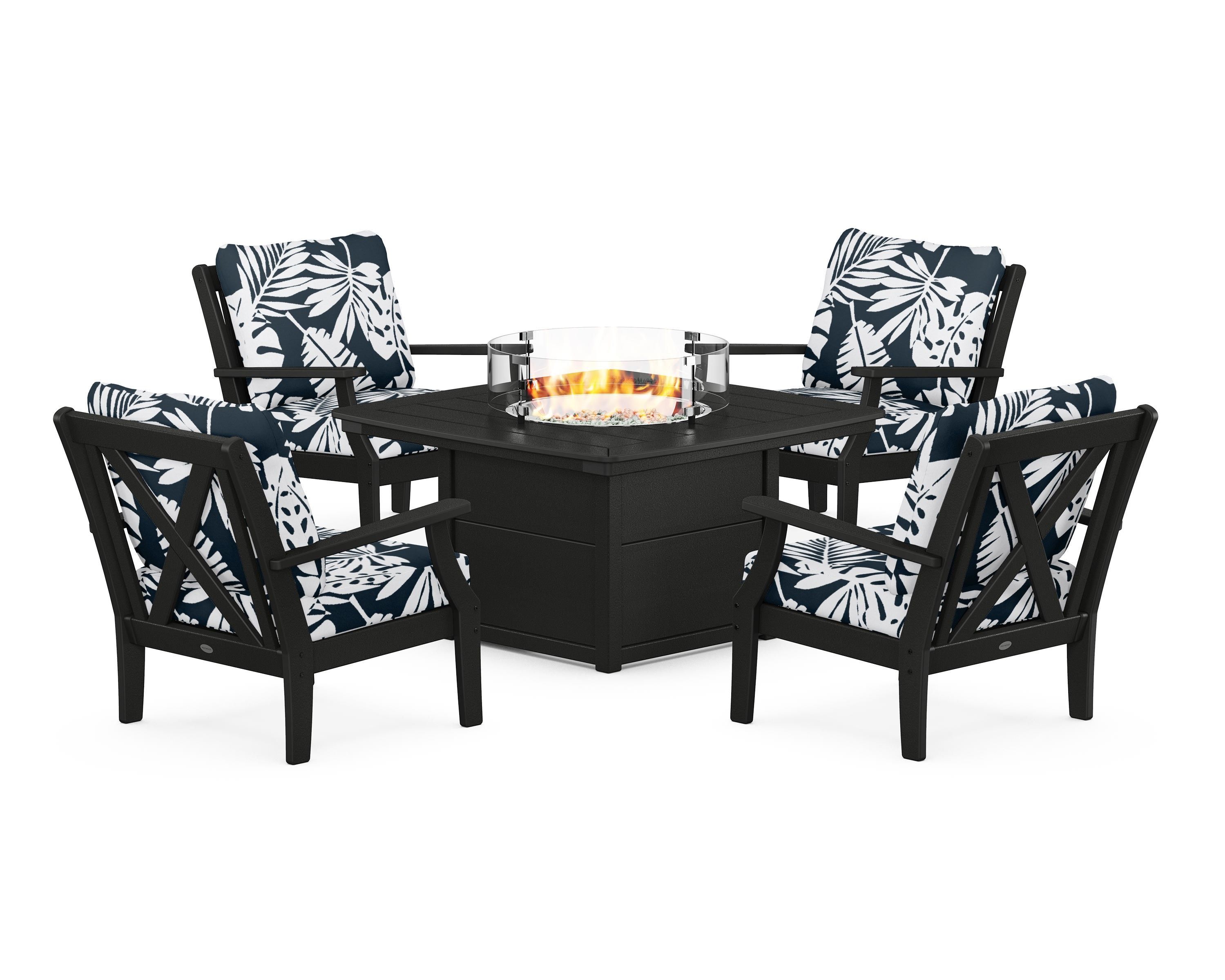 POLYWOOD® Braxton 5-Piece Deep Seating Conversation Set with Fire Pit Table in Black / Leaf Marine Indigo