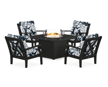 POLYWOOD® Braxton 5-Piece Deep Seating Conversation Set with Fire Pit Table in Black / Leaf Marine Indigo