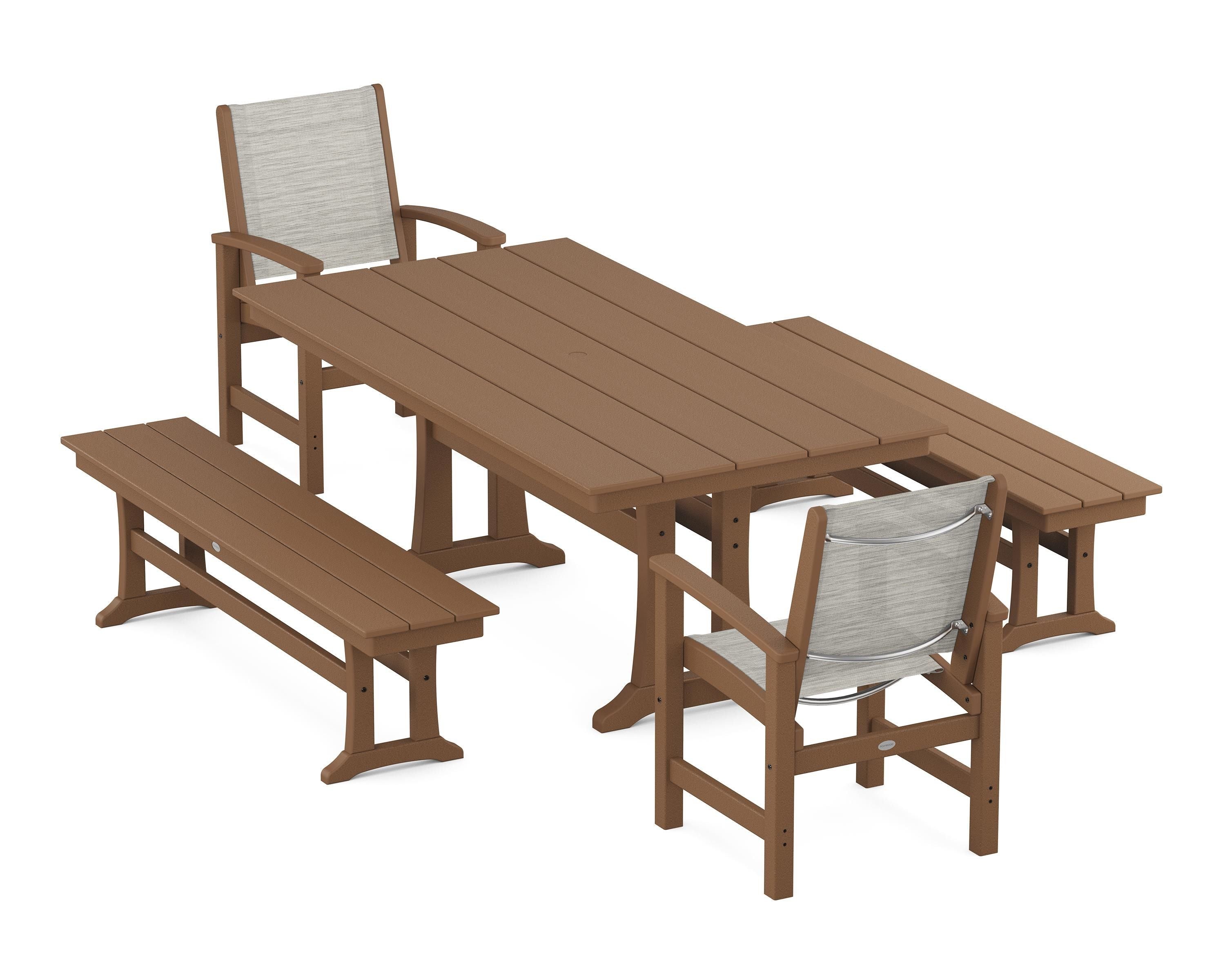 POLYWOOD® Coastal 5-Piece Farmhouse Dining Set with Trestle Legs and Benches in Teak / Birch Sling