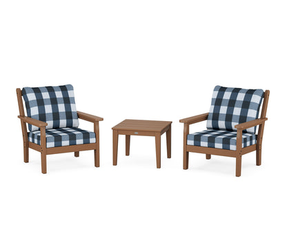 POLYWOOD® Chippendale 3-Piece Deep Seating Set in Teak / Buffalo Plaid Marine Indigo