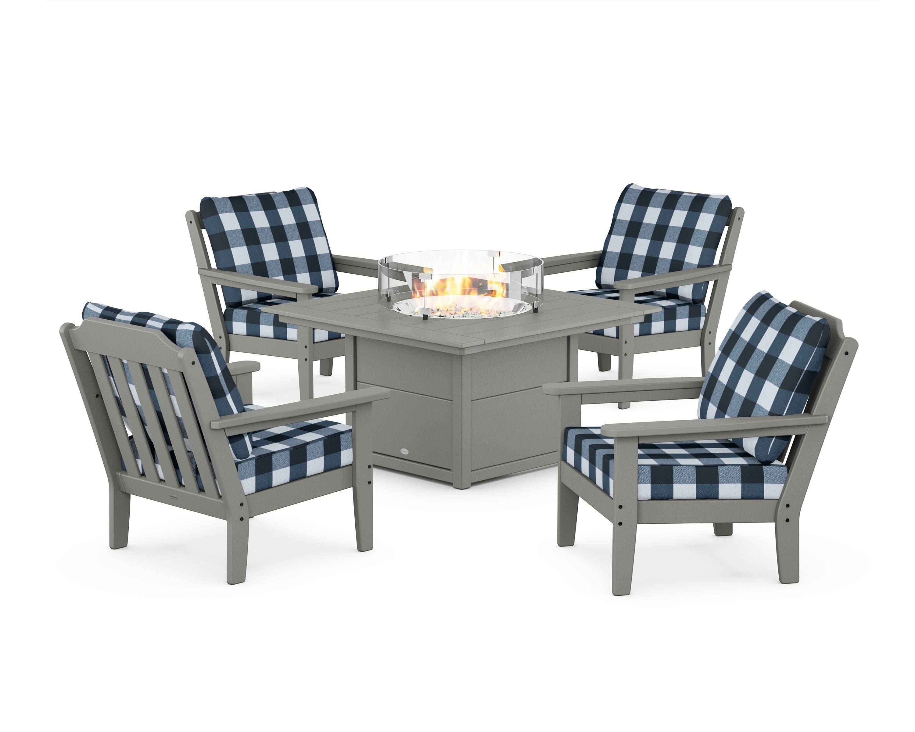Country Living Cottage 5-Piece Deep Seating Set with Fire Pit Table in Slate Grey / Buffalo Plaid Marine Indigo