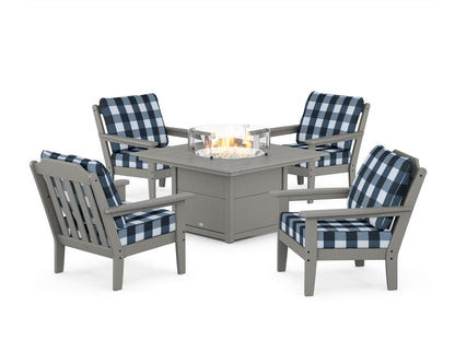 Country Living Cottage 5-Piece Deep Seating Set with Fire Pit Table in Slate Grey / Buffalo Plaid Marine Indigo