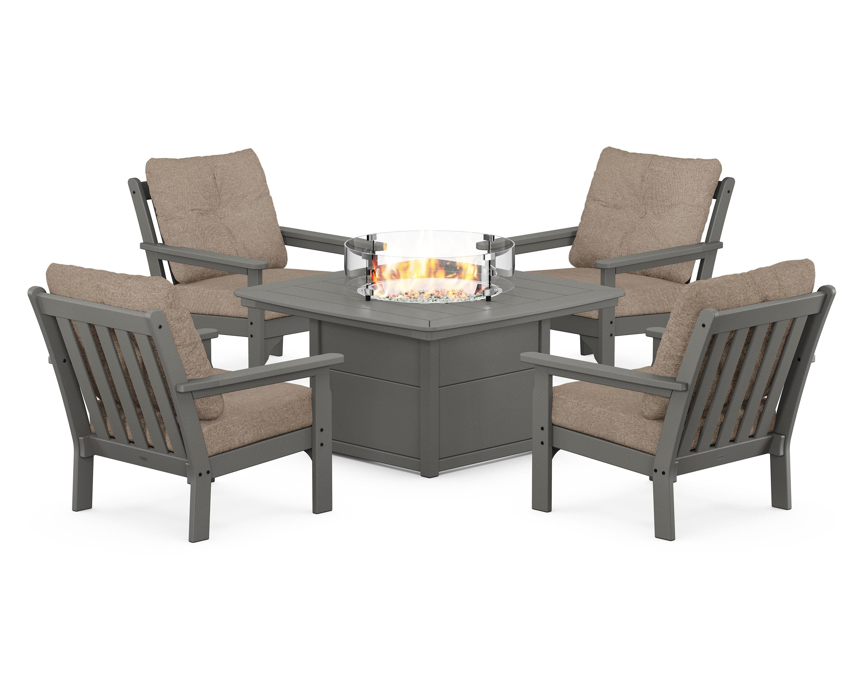 POLYWOOD® Vineyard 5-Piece Conversation Set with Fire Pit Table in Slate Grey / Spiced Burlap