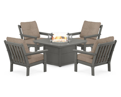POLYWOOD® Vineyard 5-Piece Conversation Set with Fire Pit Table in Slate Grey / Spiced Burlap
