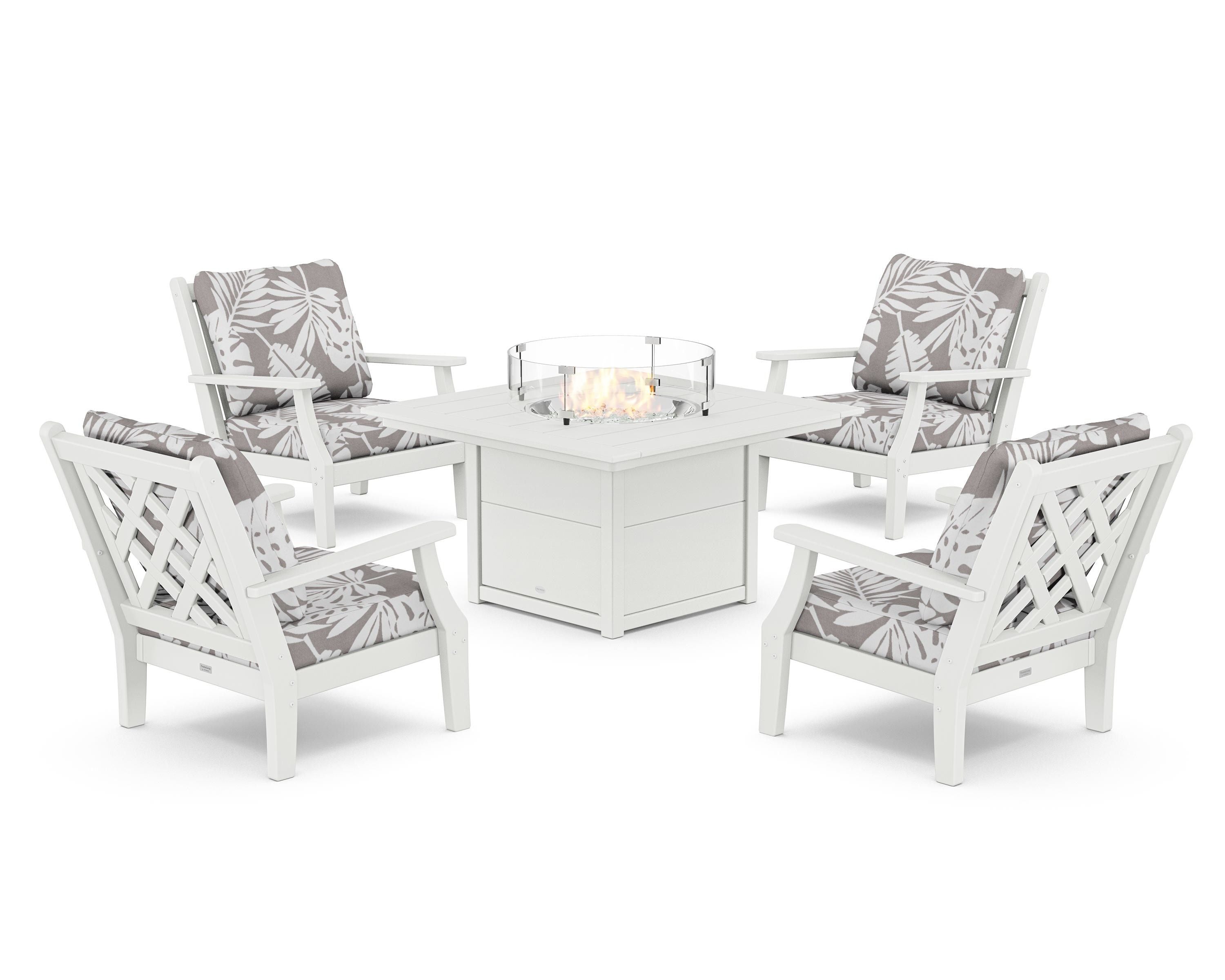 Country Living Wovendale 5-Piece Deep Seating Set with Fire Pit Table in White / Leaf Grey Mist