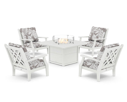 Country Living Wovendale 5-Piece Deep Seating Set with Fire Pit Table in White / Leaf Grey Mist