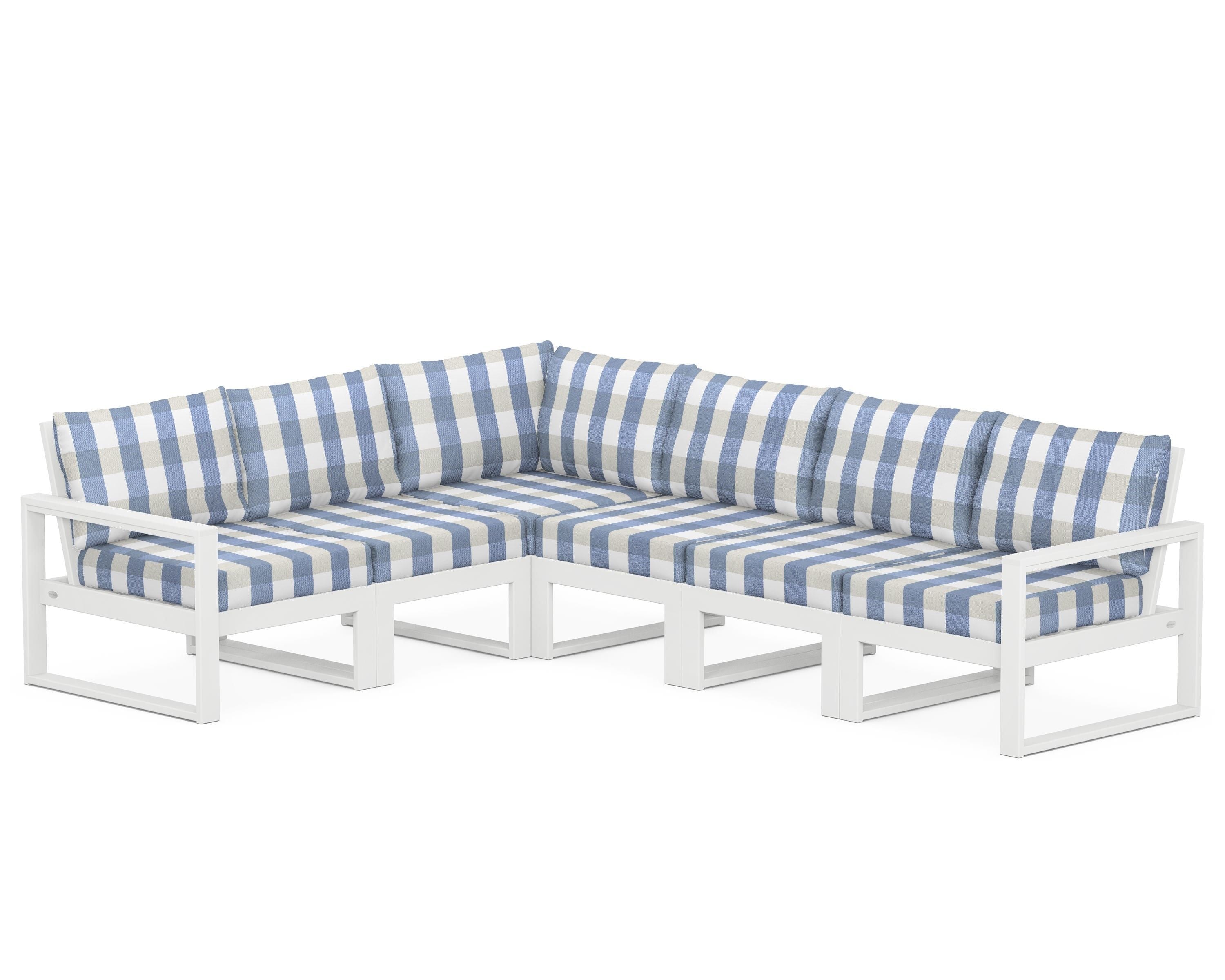 POLYWOOD® EDGE 6-Piece Modular Deep Seating Set in White / Buffalo Plaid Sky Blue