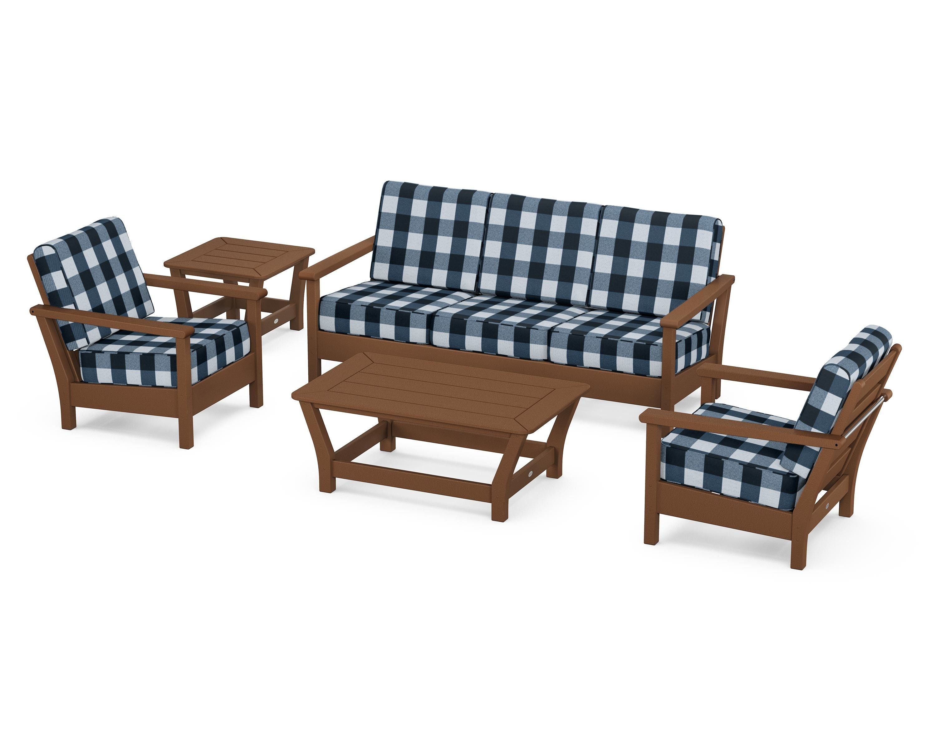 POLYWOOD® Harbour 5-Piece Deep Seating Set in Teak / Buffalo Plaid Marine Indigo