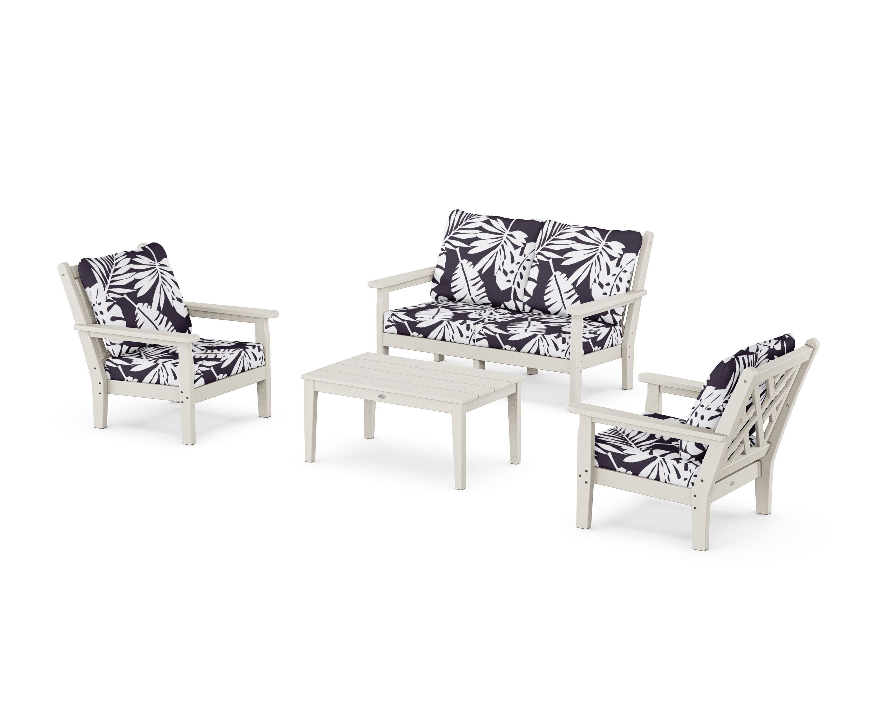 POLYWOOD® Chippendale 4-Piece Deep Seating Set with Loveseat in Sand / Leaf Navy