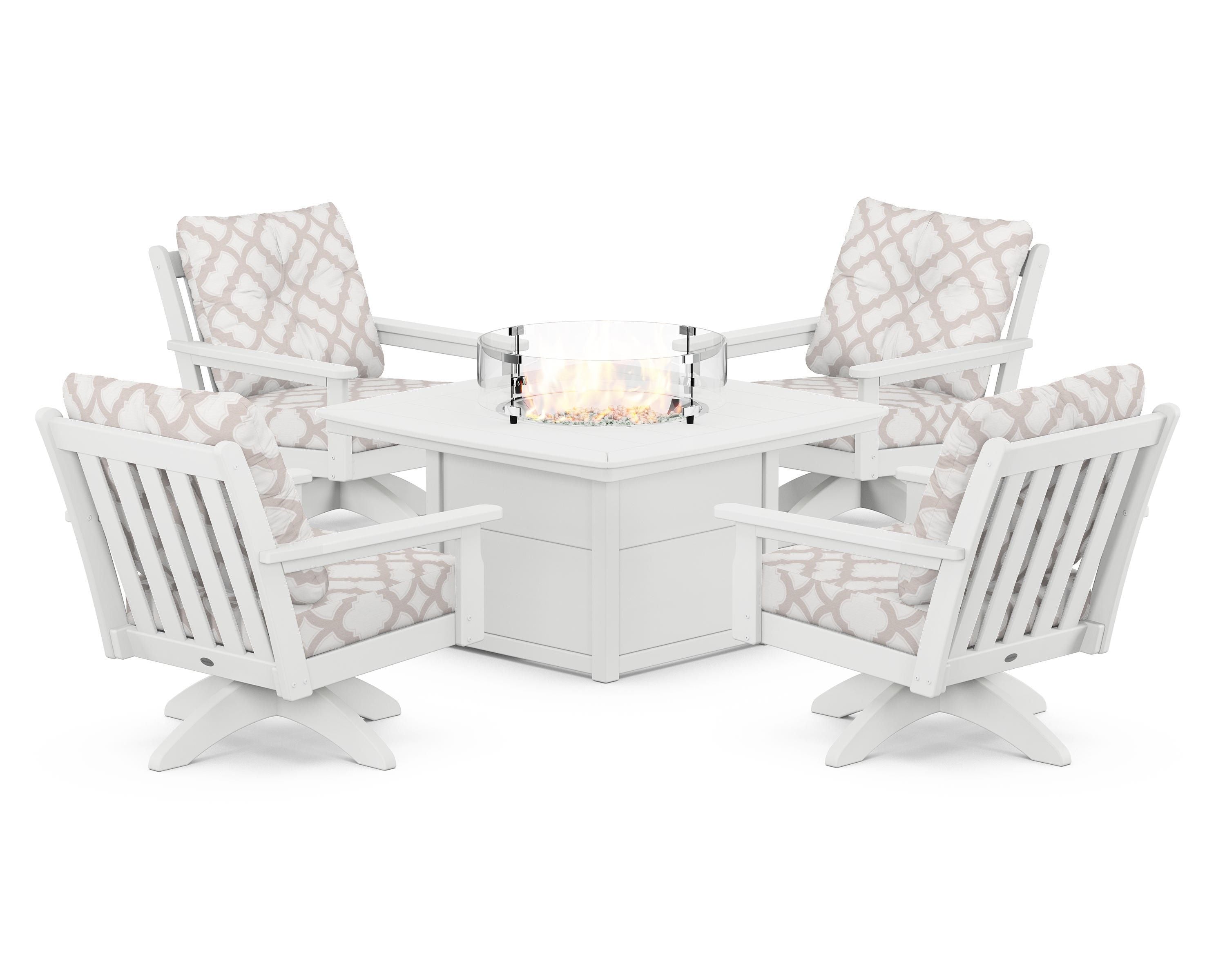 POLYWOOD® Vineyard 5-Piece Deep Seating Swivel Conversation Set with Fire Pit Table in White / Trellis Dune Burlap