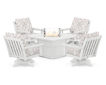 POLYWOOD® Vineyard 5-Piece Deep Seating Swivel Conversation Set with Fire Pit Table in White / Trellis Dune Burlap
