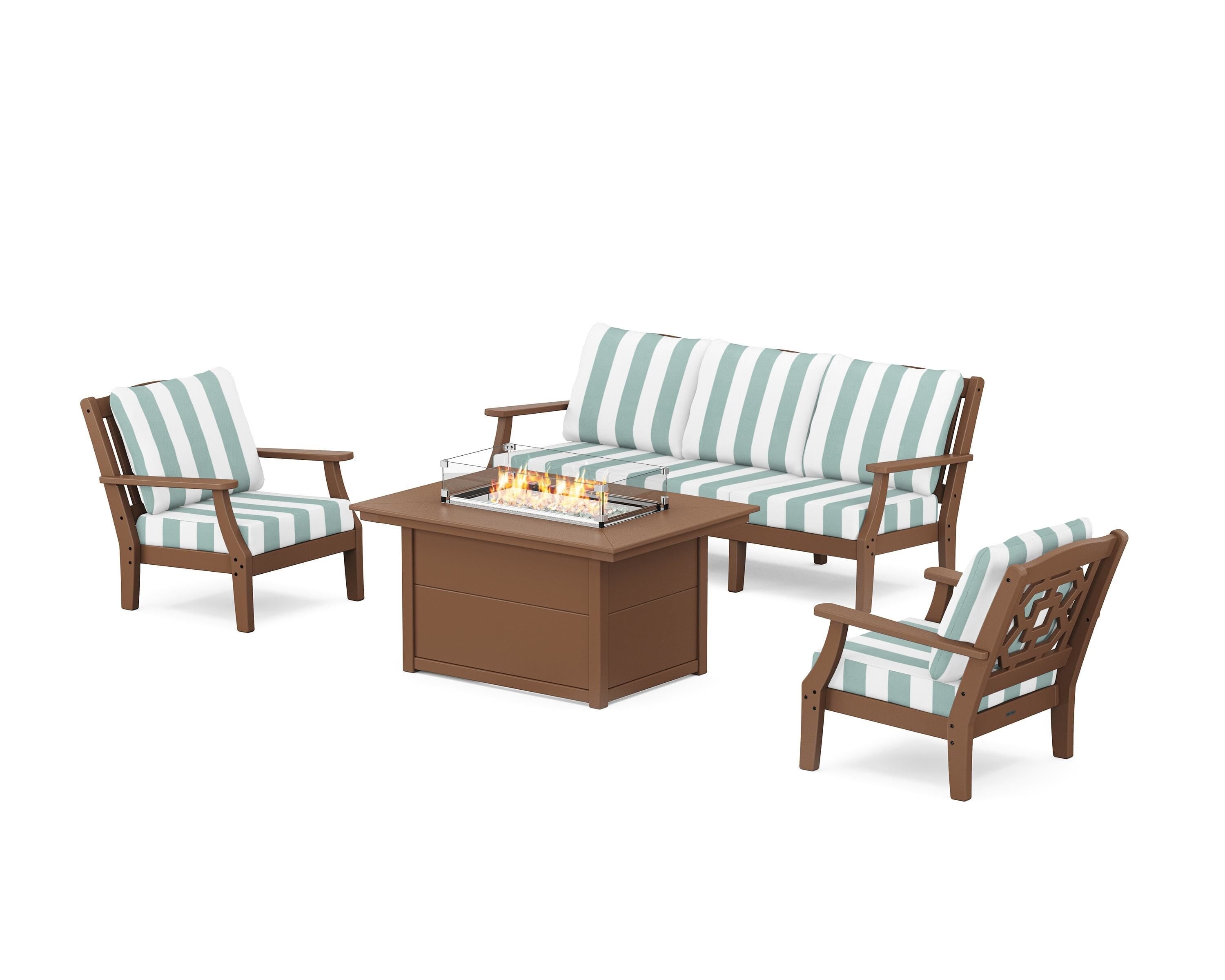 Martha Stewart by POLYWOOD® Chinoiserie Deep Seating Fire Pit Table Set in Teak / Cabana Stripe Glacier Spa