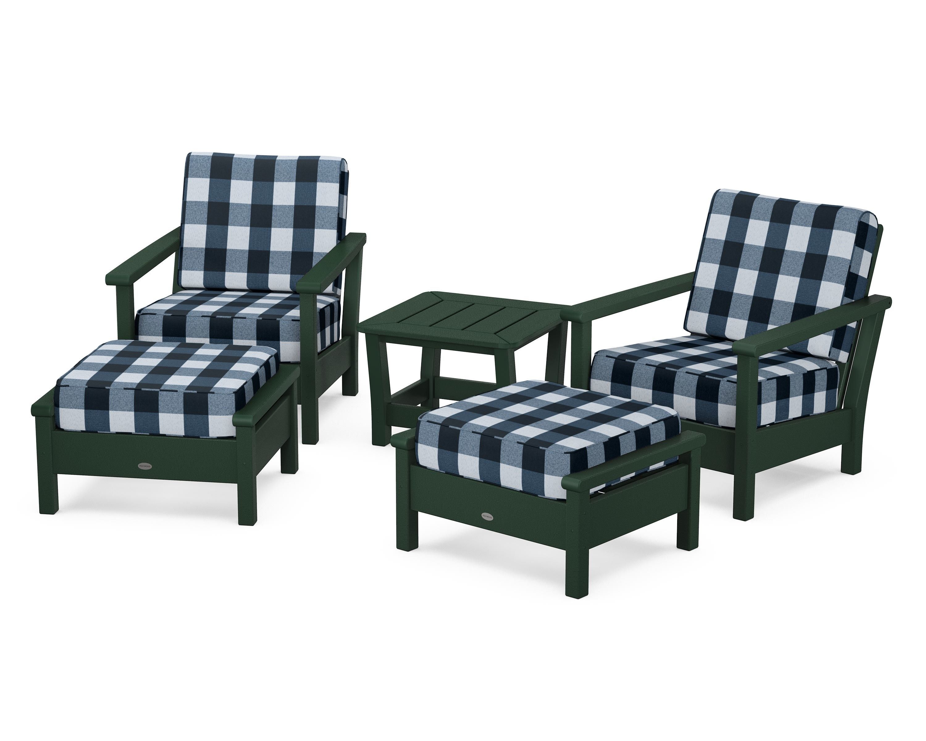 POLYWOOD® Harbour 5-Piece Deep Seating Chair Set in Green / Buffalo Plaid Marine Indigo