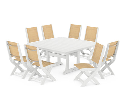 POLYWOOD® Coastal Folding Side Chair 9-Piece Dining Set with Trestle Legs in White / Dupioni Apricot Sling