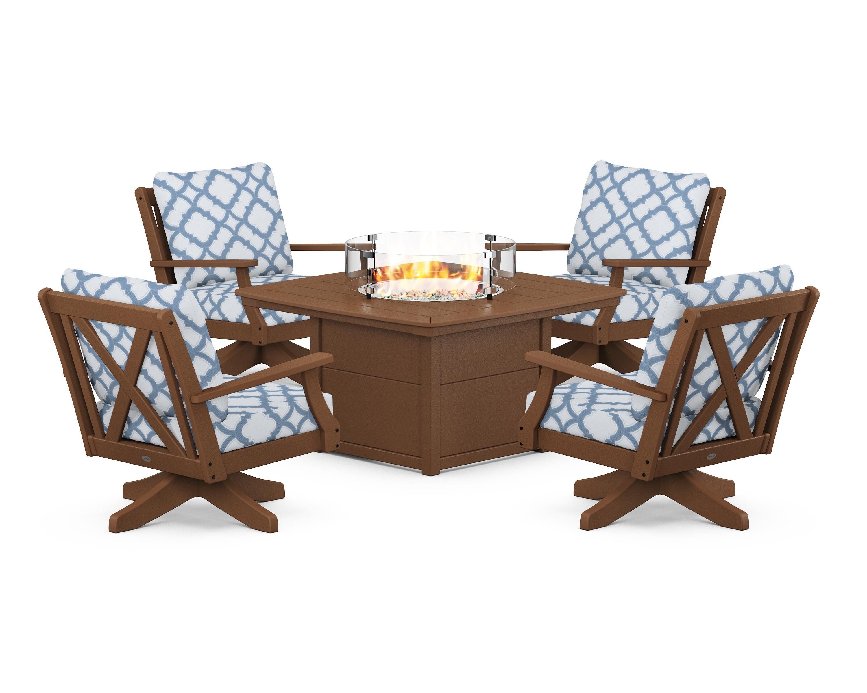 POLYWOOD® Braxton 5-Piece Deep Seating Swivel Conversation Set with Fire Pit Table in Teak / Trellis Sky Blue