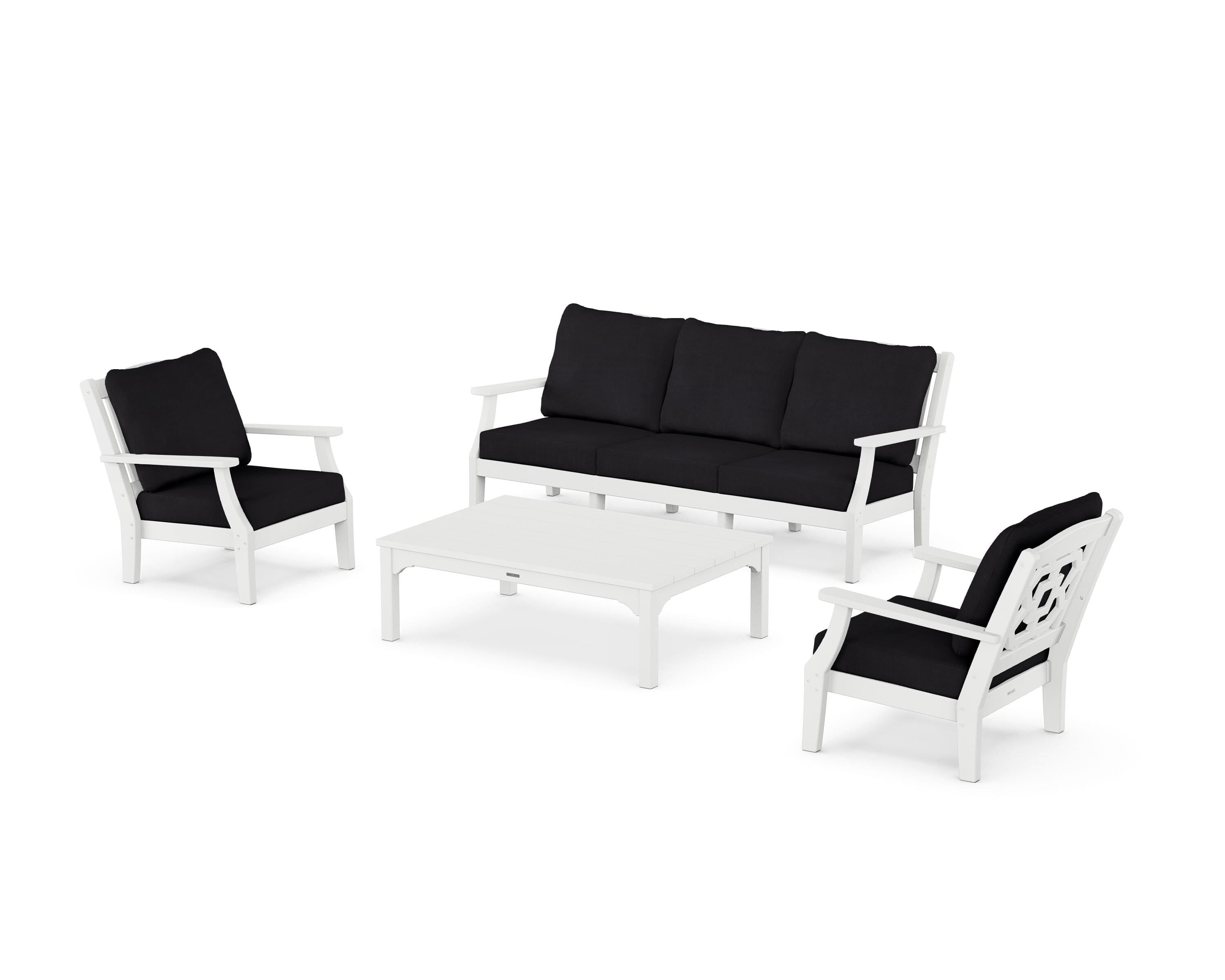 Martha Stewart by POLYWOOD® Chinoiserie 4-Piece Deep Seating Set with Sofa in White / Midnight Linen
