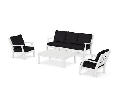 Martha Stewart by POLYWOOD® Chinoiserie 4-Piece Deep Seating Set with Sofa in White / Midnight Linen
