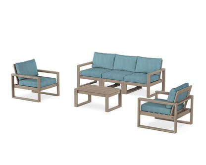 POLYWOOD® EDGE Sectional 4-Piece Deep Seating Set with Sofa in Vintage Sahara / Lattice Sky Blue