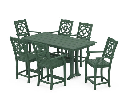 Chinoiserie Arm Chair 7-Piece Farmhouse Counter Set with Trestle Legs