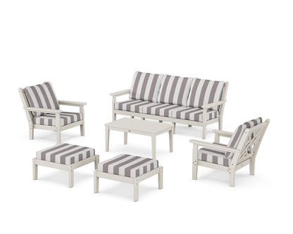 POLYWOOD® Chippendale 6-Piece Lounge Sofa Set in Sand / Cabana Stripe Grey Mist