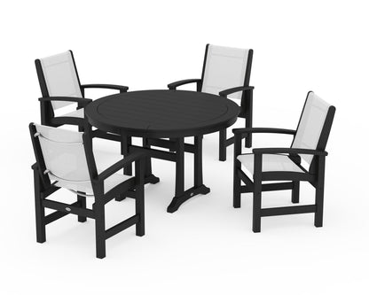 POLYWOOD® Coastal 5-Piece Round Dining Set with Trestle Legs in Black / White Sling