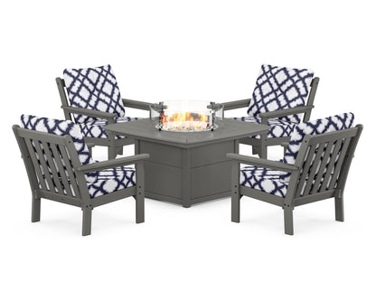POLYWOOD® Vineyard 5-Piece Conversation Set with Fire Pit Table in Slate Grey / Trellis Navy