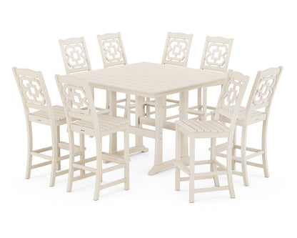 Martha Stewart by POLYWOOD® Chinoiserie 9-Piece Square Side Chair Bar Set with Trestle Legs in Sand