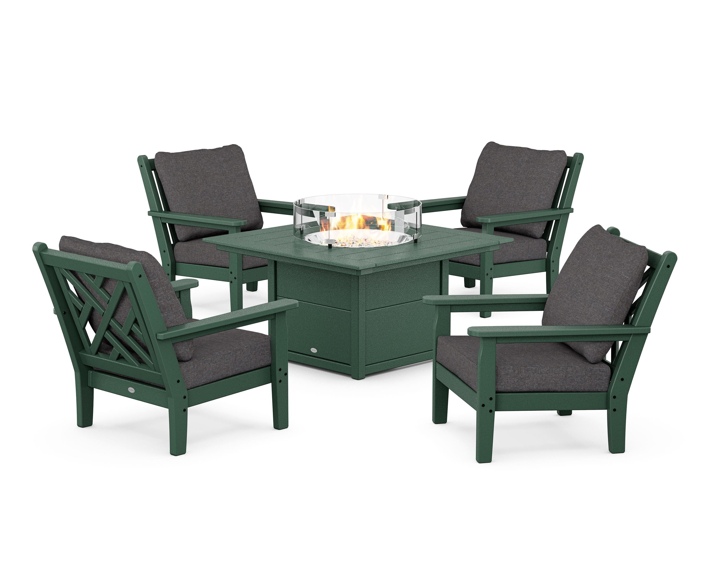 POLYWOOD® Chippendale 5-Piece Deep Seating Set with Fire Pit Table in Green / Ash Charcoal