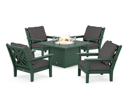 POLYWOOD® Chippendale 5-Piece Deep Seating Set with Fire Pit Table in Green / Ash Charcoal