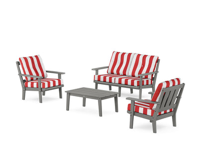 POLYWOOD® Oxford 4-Piece Deep Seating Set with Loveseat in Slate Grey / Cabana Stripe Crimson
