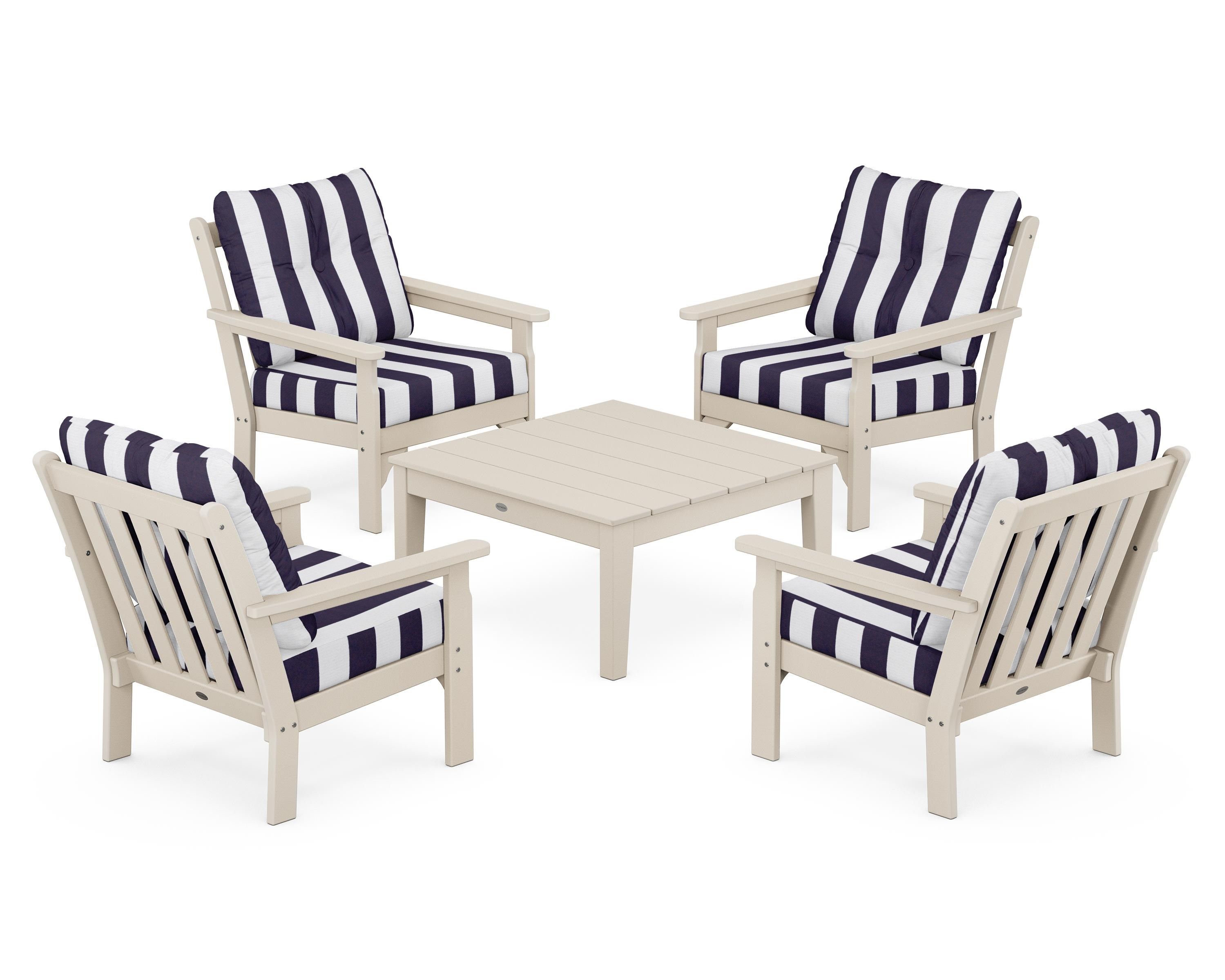 POLYWOOD® Vineyard 5-Piece Deep Seating Conversation Set in Sand / Cabana Stripe Navy